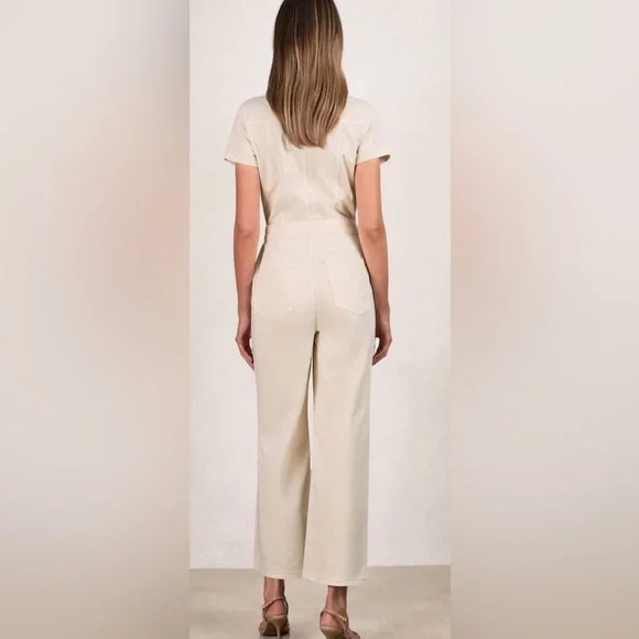 Good American Fit For Success Twill Palazzo Crop Jumpsuit in Ecru, Size: Large - Picture 5 of 14
